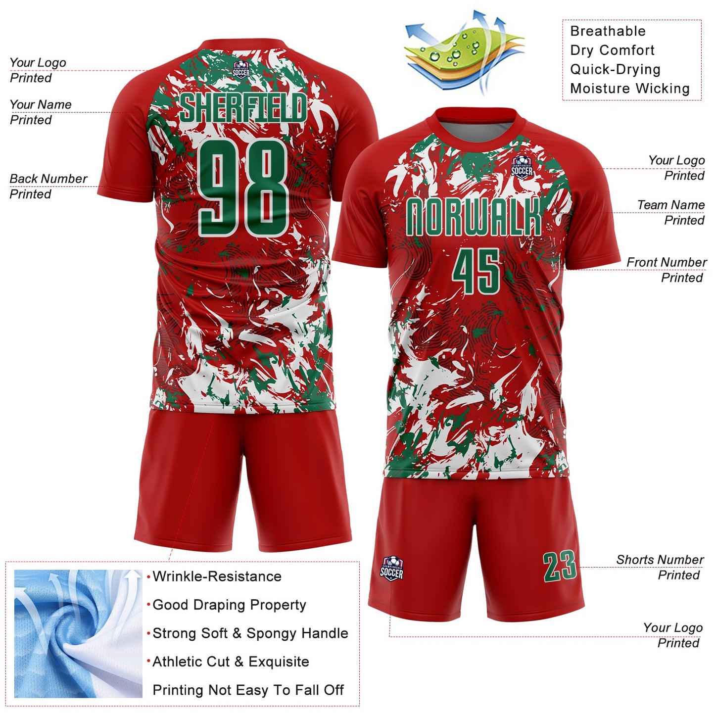 Custom Red Kelly Green-White Fluid Art Splash Sublimation Soccer Uniform Jersey view 4