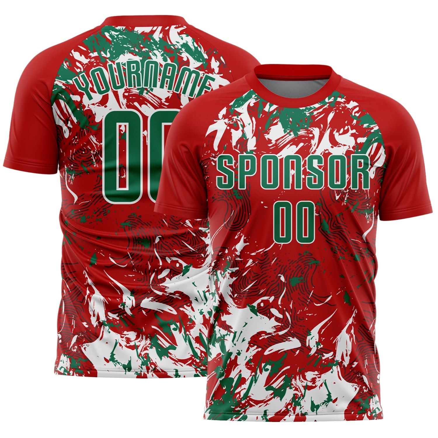 Custom Red Kelly Green-White Fluid Art Splash Sublimation Soccer Uniform Jersey - Main View