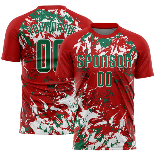 Custom Red Kelly Green-White Fluid Art Splash Sublimation Soccer Uniform Jersey - Main View