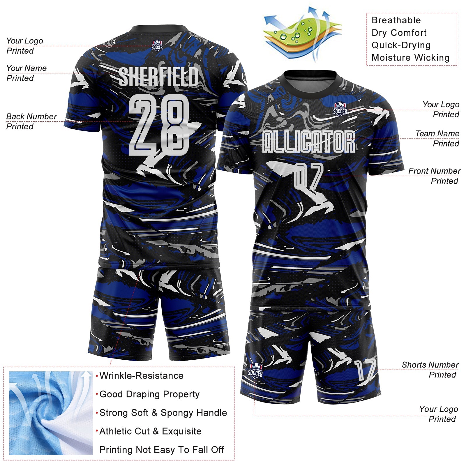 Custom Figure White Black-Royal Fluid Art Splash Sublimation Soccer Uniform Jersey view 4