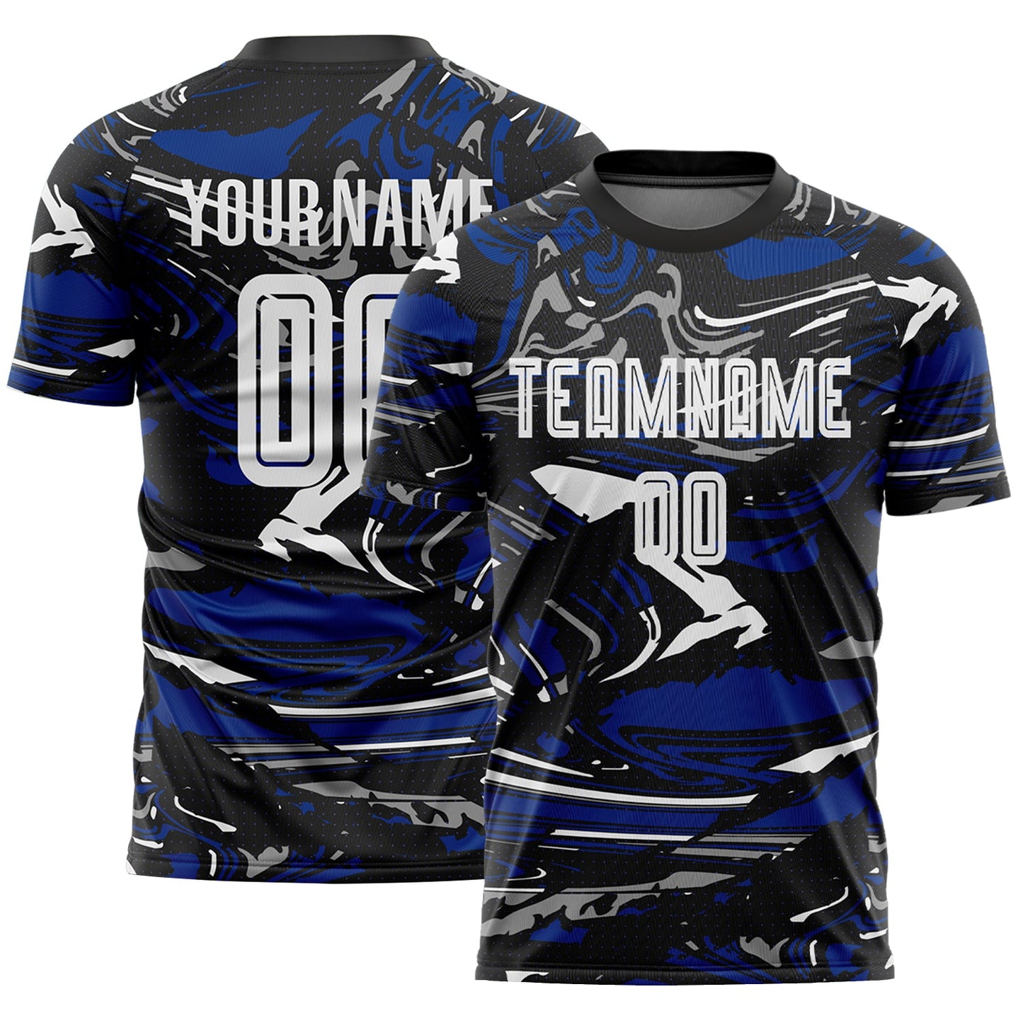 Custom Figure White Black-Royal Fluid Art Splash Sublimation Soccer Uniform Jersey - Main View