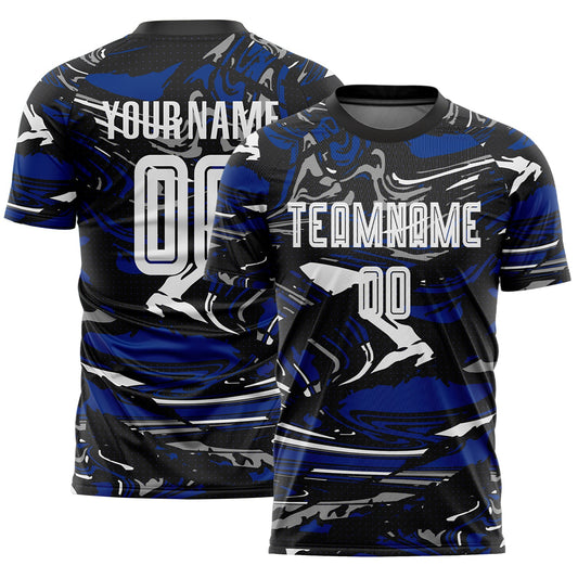 Custom Figure White Black-Royal Fluid Art Splash Sublimation Soccer Uniform Jersey - Main View