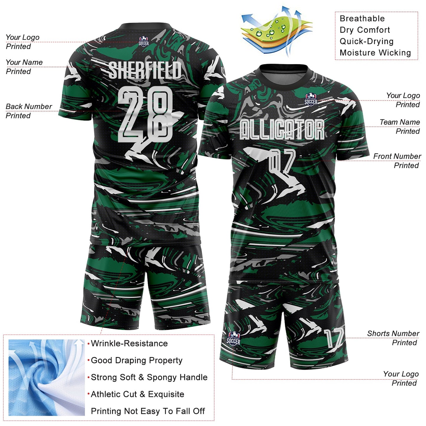 Custom Figure White Black-Kelly Green Fluid Art Splash Sublimation Soccer Uniform Jersey view 4