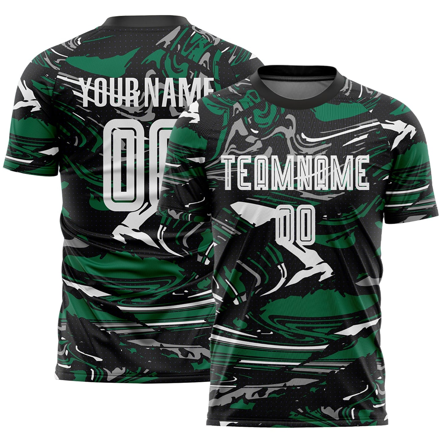 Custom Figure White Black-Kelly Green Fluid Art Splash Sublimation Soccer Uniform Jersey - Main View