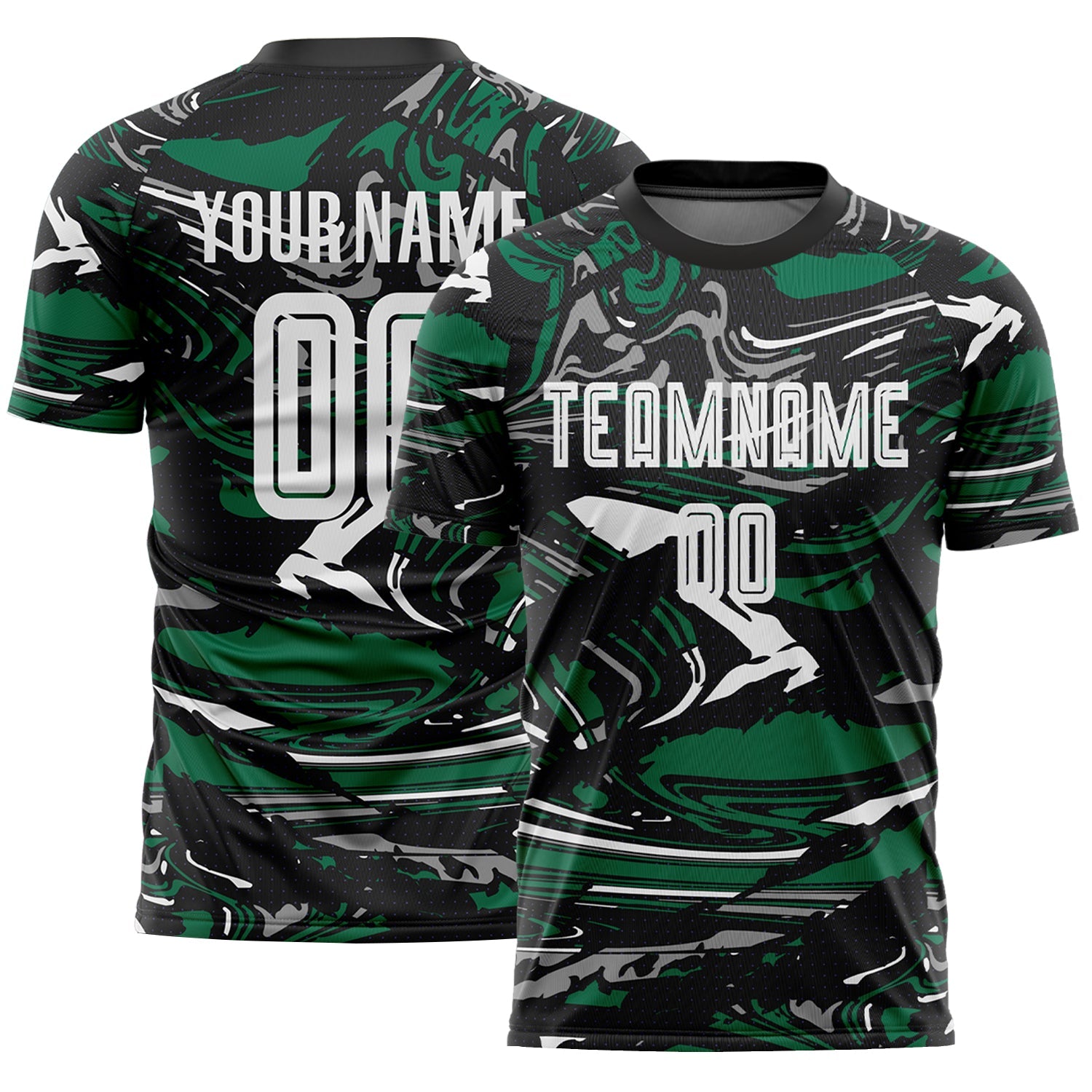 Custom Figure White Black-Kelly Green Fluid Art Splash Sublimation Soccer Uniform Jersey - Main View