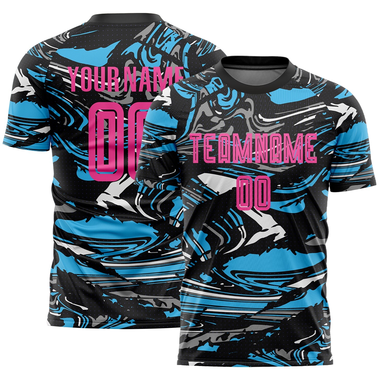 Custom Figure Pink Black-Sky Blue Fluid Art Splash Sublimation Soccer Uniform Jersey - Main View