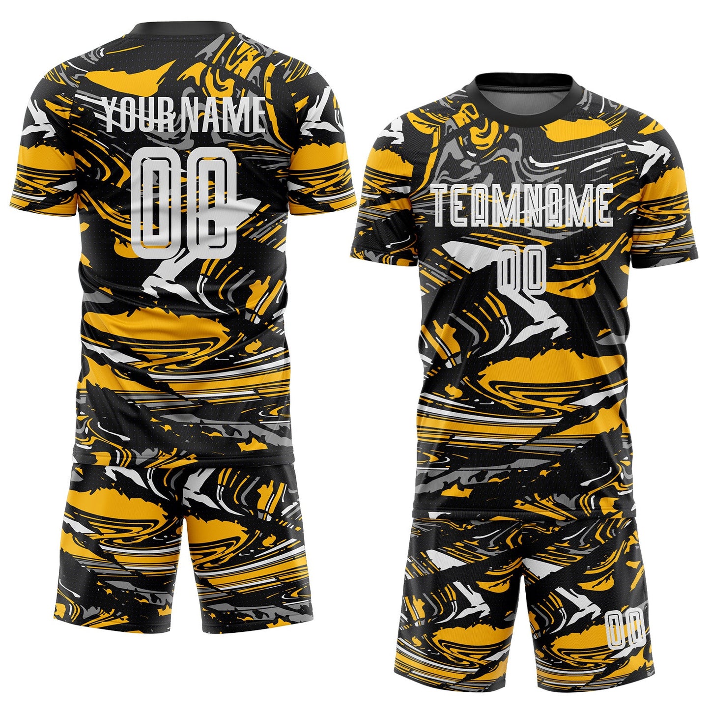 Custom Figure White Black-Gold Fluid Art Splash Sublimation Soccer Uniform Jersey view 2