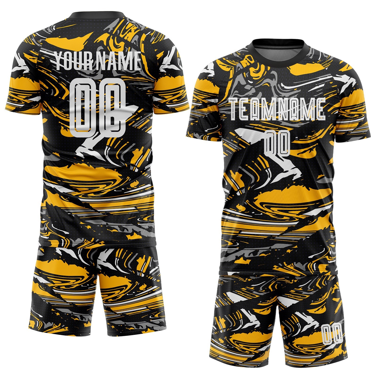 Custom Figure White Black-Gold Fluid Art Splash Sublimation Soccer Uniform Jersey view 2