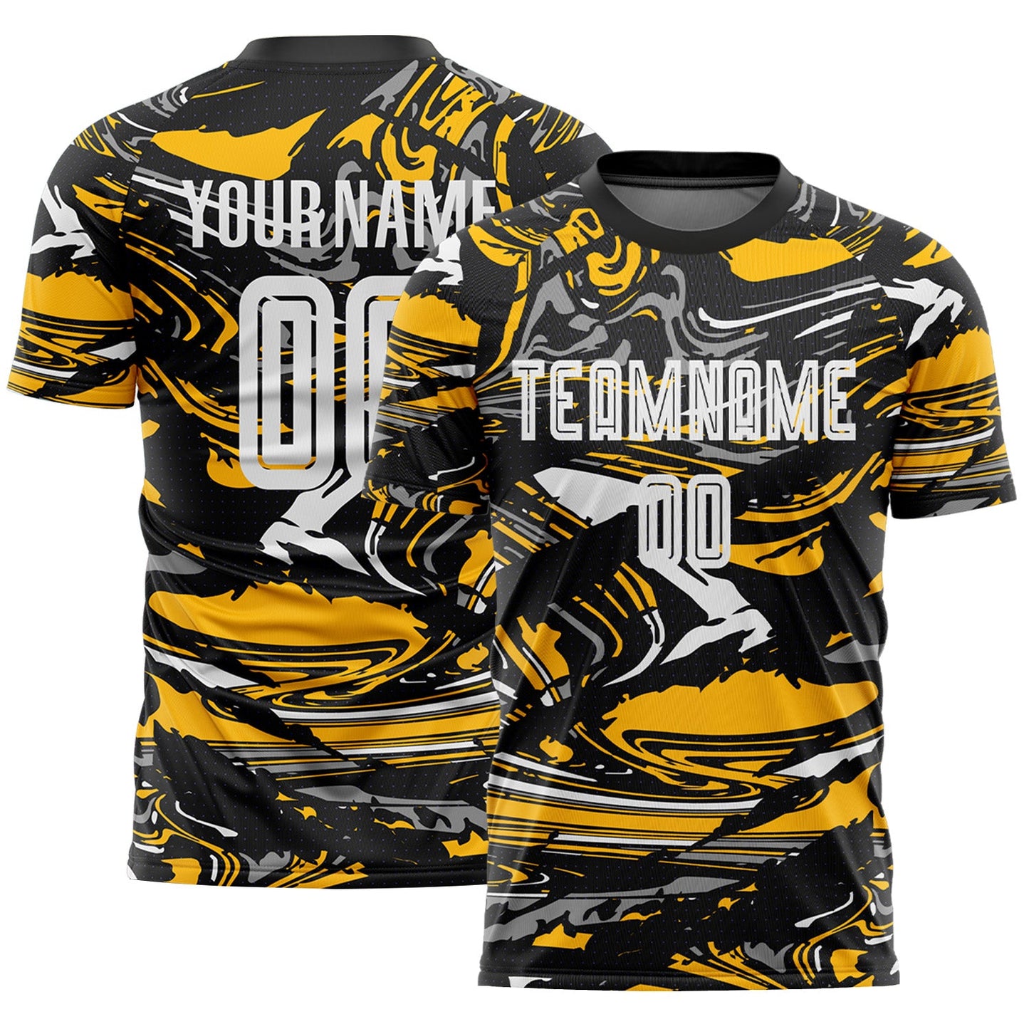 Custom Figure White Black-Gold Fluid Art Splash Sublimation Soccer Uniform Jersey - Main View