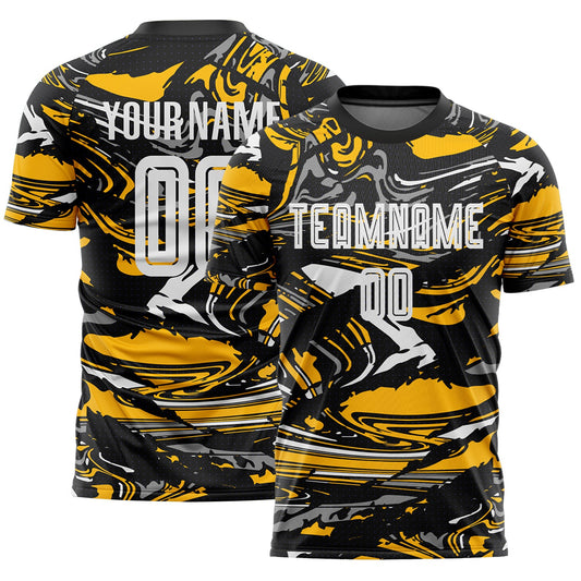 Custom Figure White Black-Gold Fluid Art Splash Sublimation Soccer Uniform Jersey - Main View