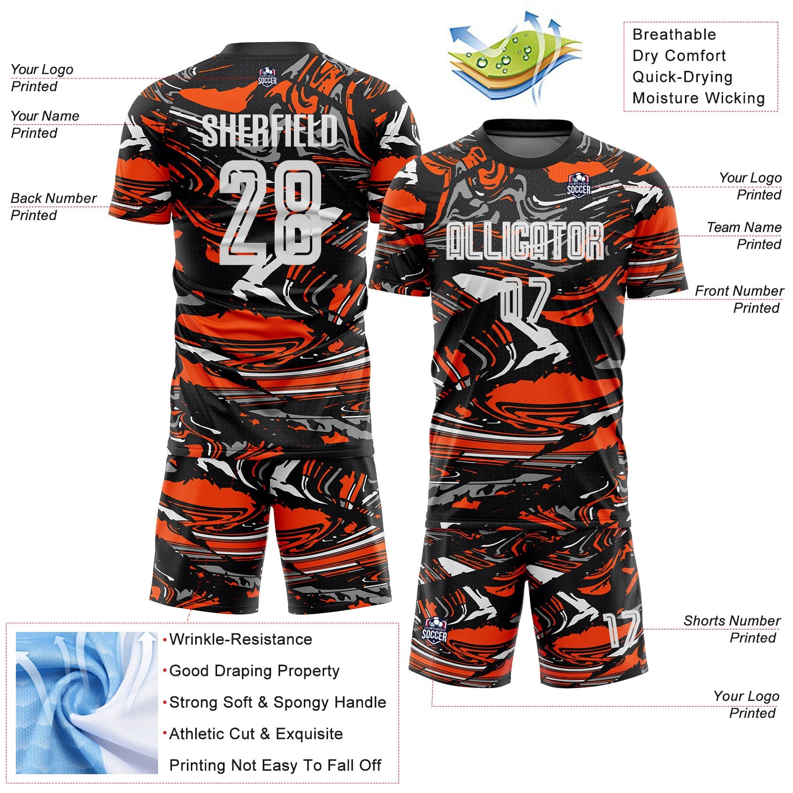 Custom Figure White Black-Orange Fluid Art Splash Sublimation Soccer Uniform Jersey view 4