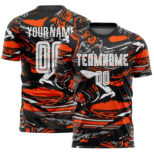 Custom Figure White Black-Orange Fluid Art Splash Sublimation Soccer Uniform Jersey - Main View