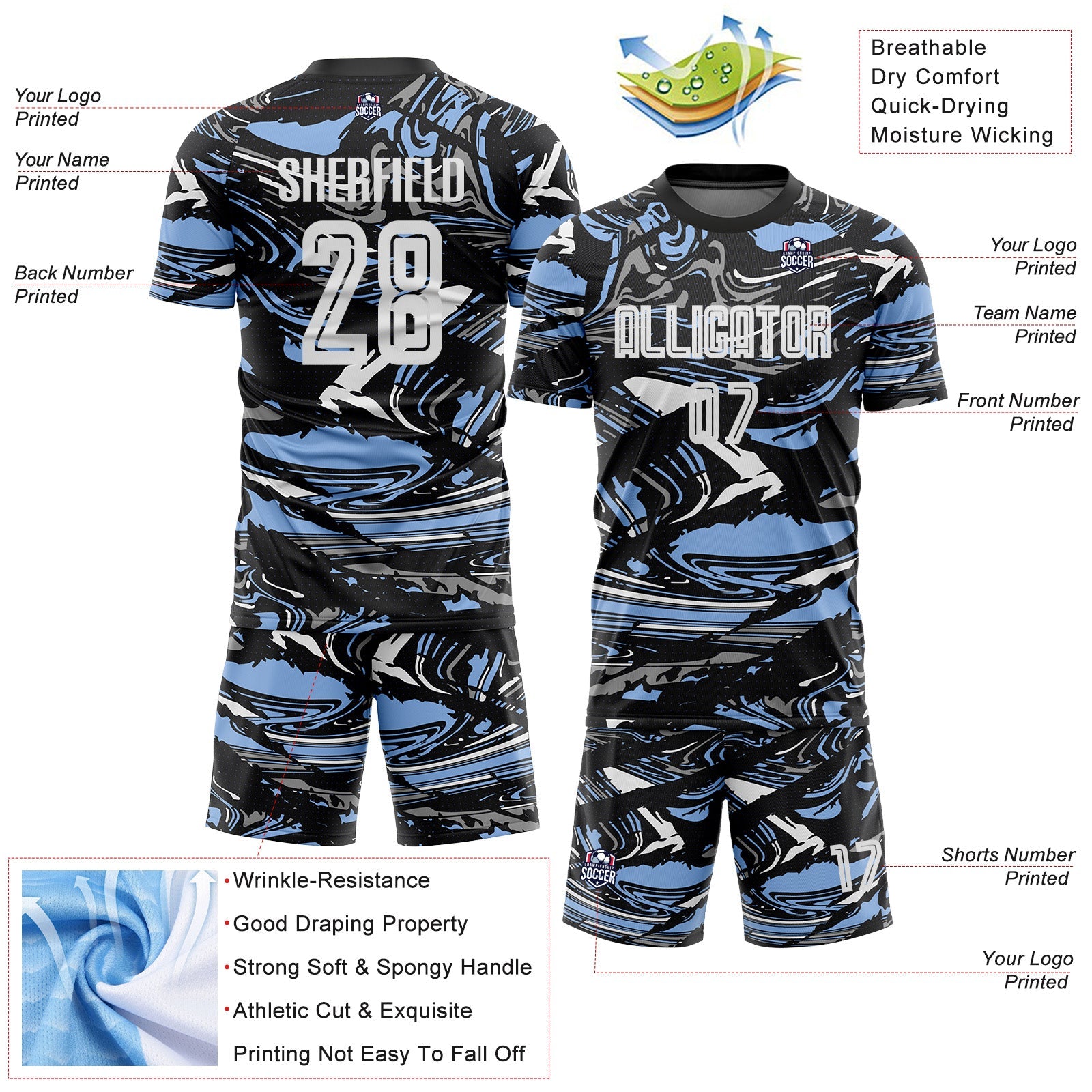 Custom Figure White Black-Light Blue Fluid Art Splash Sublimation Soccer Uniform Jersey view 4