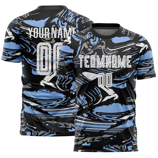 Custom Figure White Black-Light Blue Fluid Art Splash Sublimation Soccer Uniform Jersey - Main View