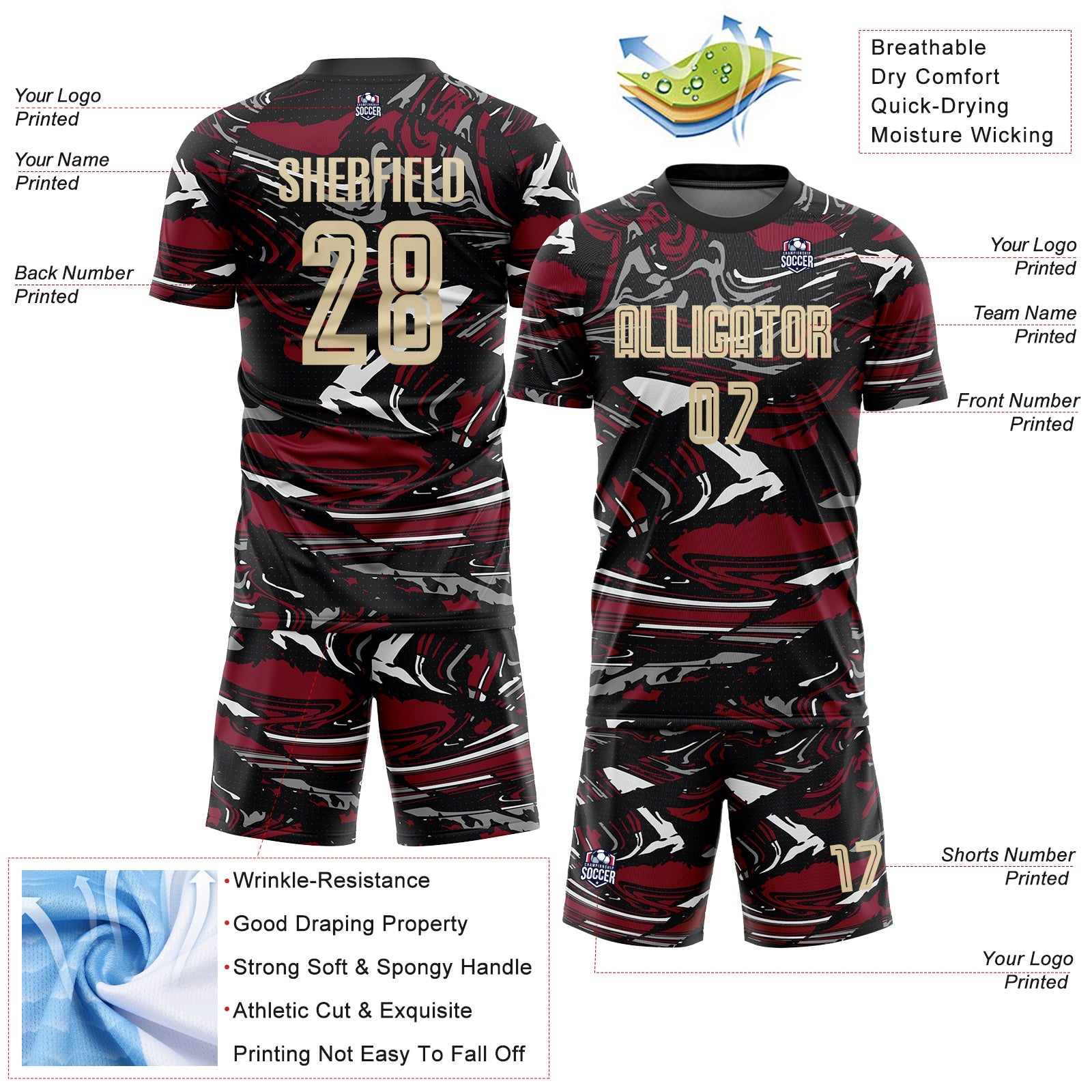 Custom Figure Cream Black-Crimson Fluid Art Splash Sublimation Soccer Uniform Jersey view 4