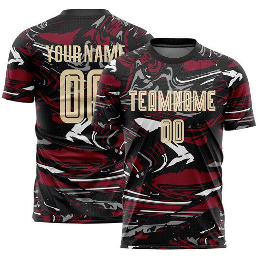 Custom Figure Cream Black-Crimson Fluid Art Splash Sublimation Soccer Uniform Jersey - Main View