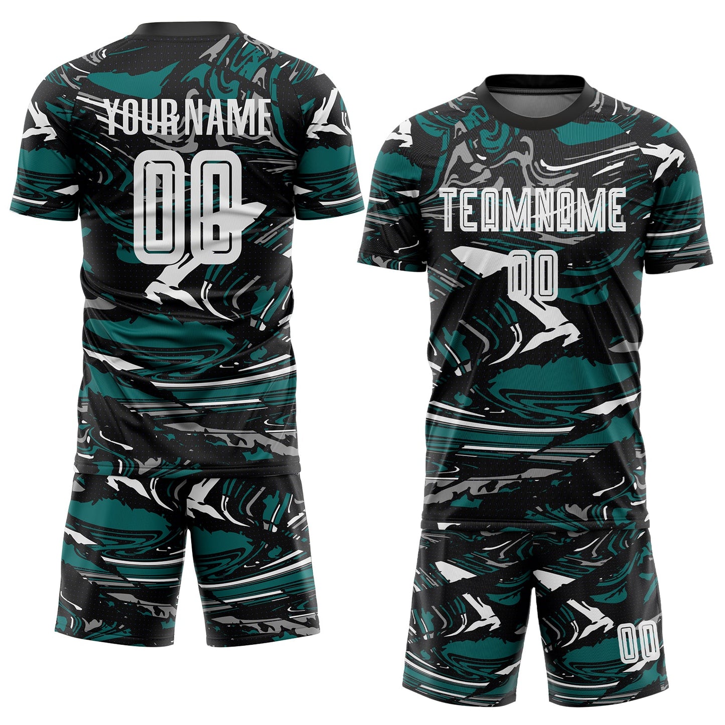 Custom Figure White Black-Teal Fluid Art Splash Sublimation Soccer Uniform Jersey view 2