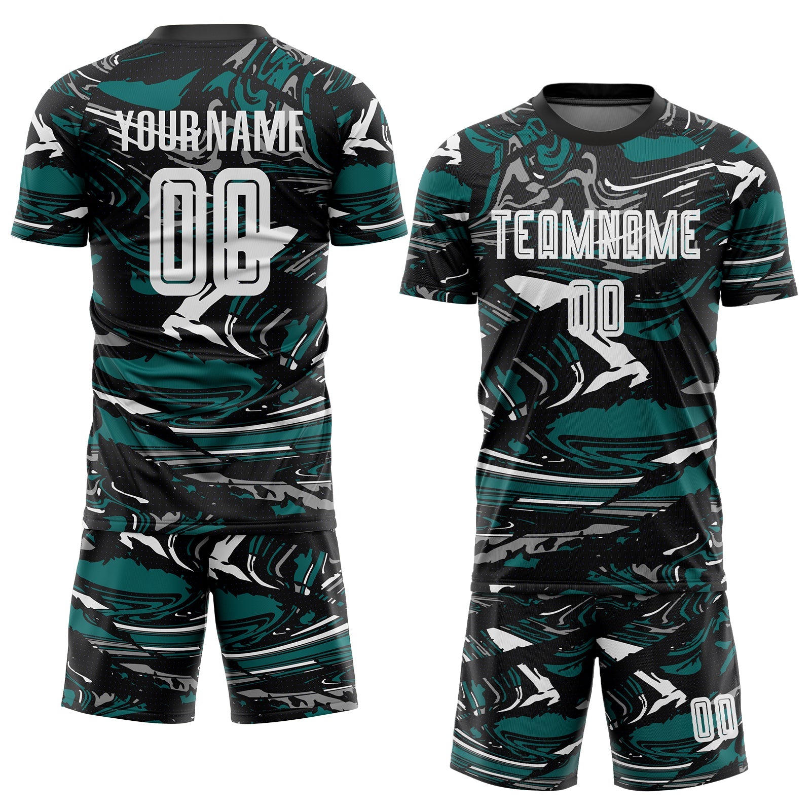 Custom Figure White Black-Teal Fluid Art Splash Sublimation Soccer Uniform Jersey view 2