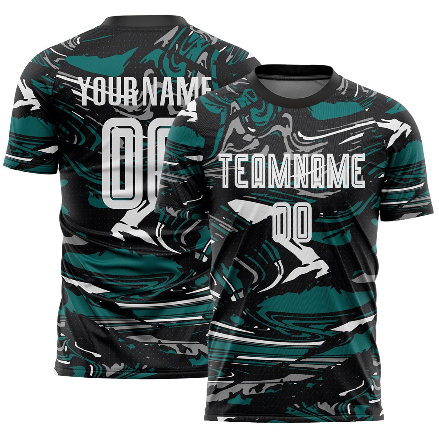 Custom Figure White Black-Teal Fluid Art Splash Sublimation Soccer Uniform Jersey - Main View