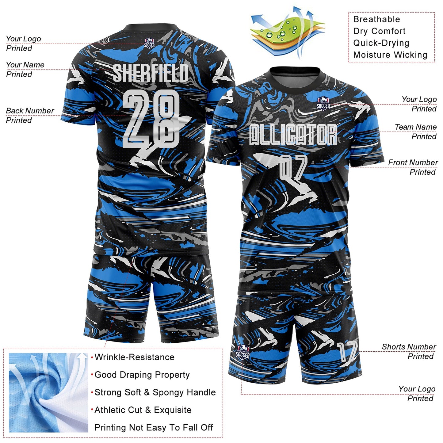 Custom Figure White Black-Powder Blue Fluid Art Splash Sublimation Soccer Uniform Jersey view 4