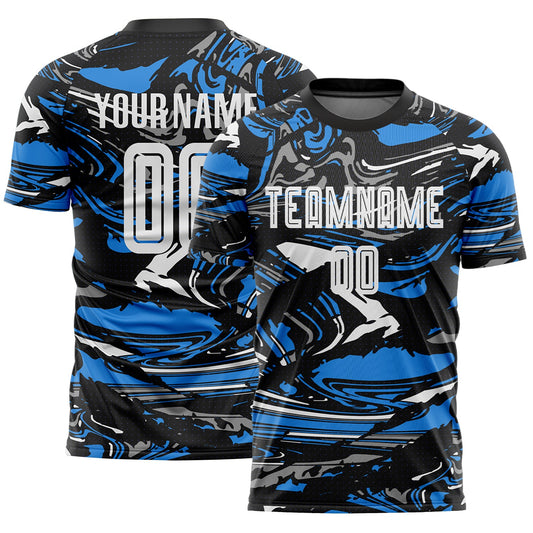 Custom Figure White Black-Powder Blue Fluid Art Splash Sublimation Soccer Uniform Jersey - Main View