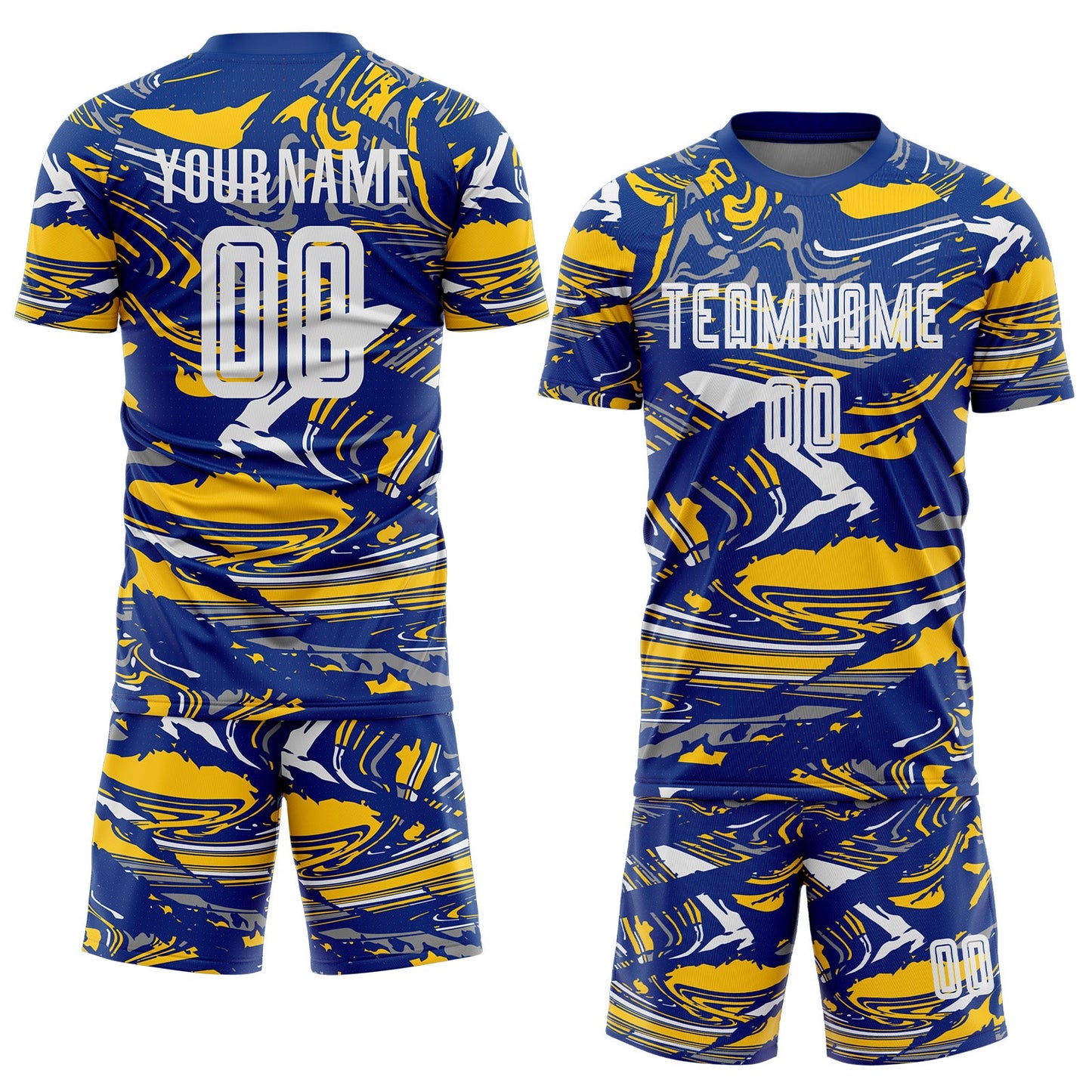 Custom Figure White Royal-Yellow Fluid Art Splash Sublimation Soccer Uniform Jersey view 2