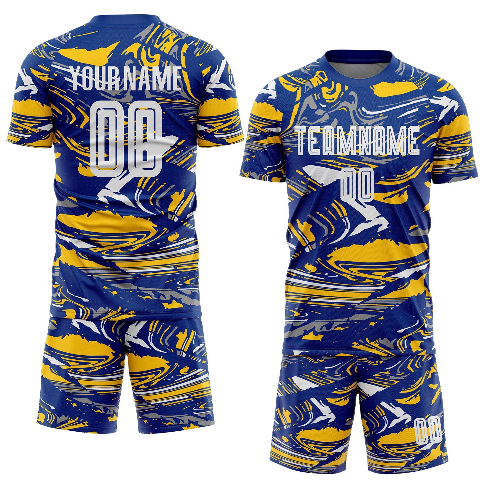 Custom Figure White Royal-Yellow Fluid Art Splash Sublimation Soccer Uniform Jersey view 2