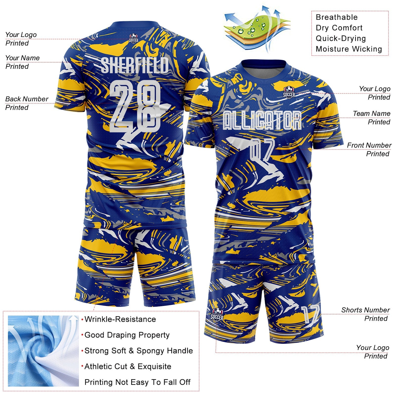 Custom Figure White Royal-Yellow Fluid Art Splash Sublimation Soccer Uniform Jersey view 4