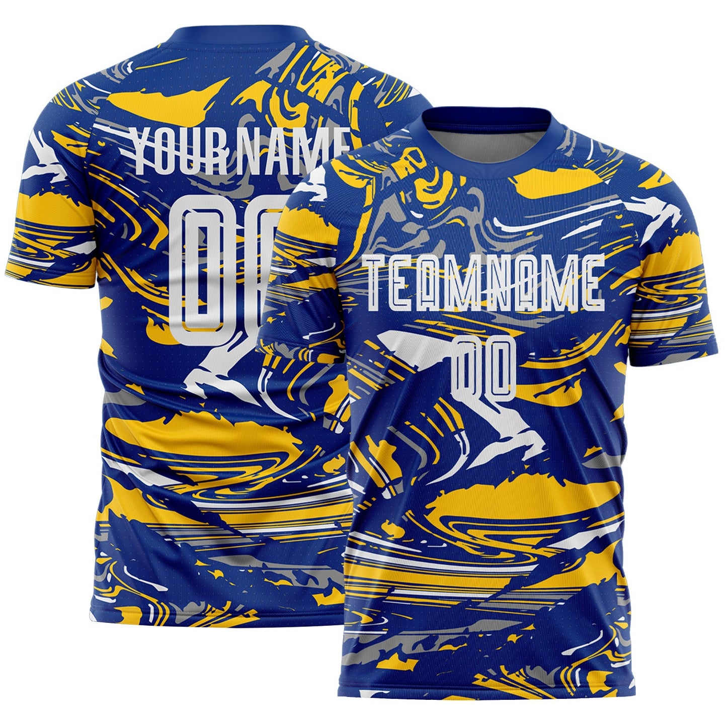 Custom Figure White Royal-Yellow Fluid Art Splash Sublimation Soccer Uniform Jersey - Main View