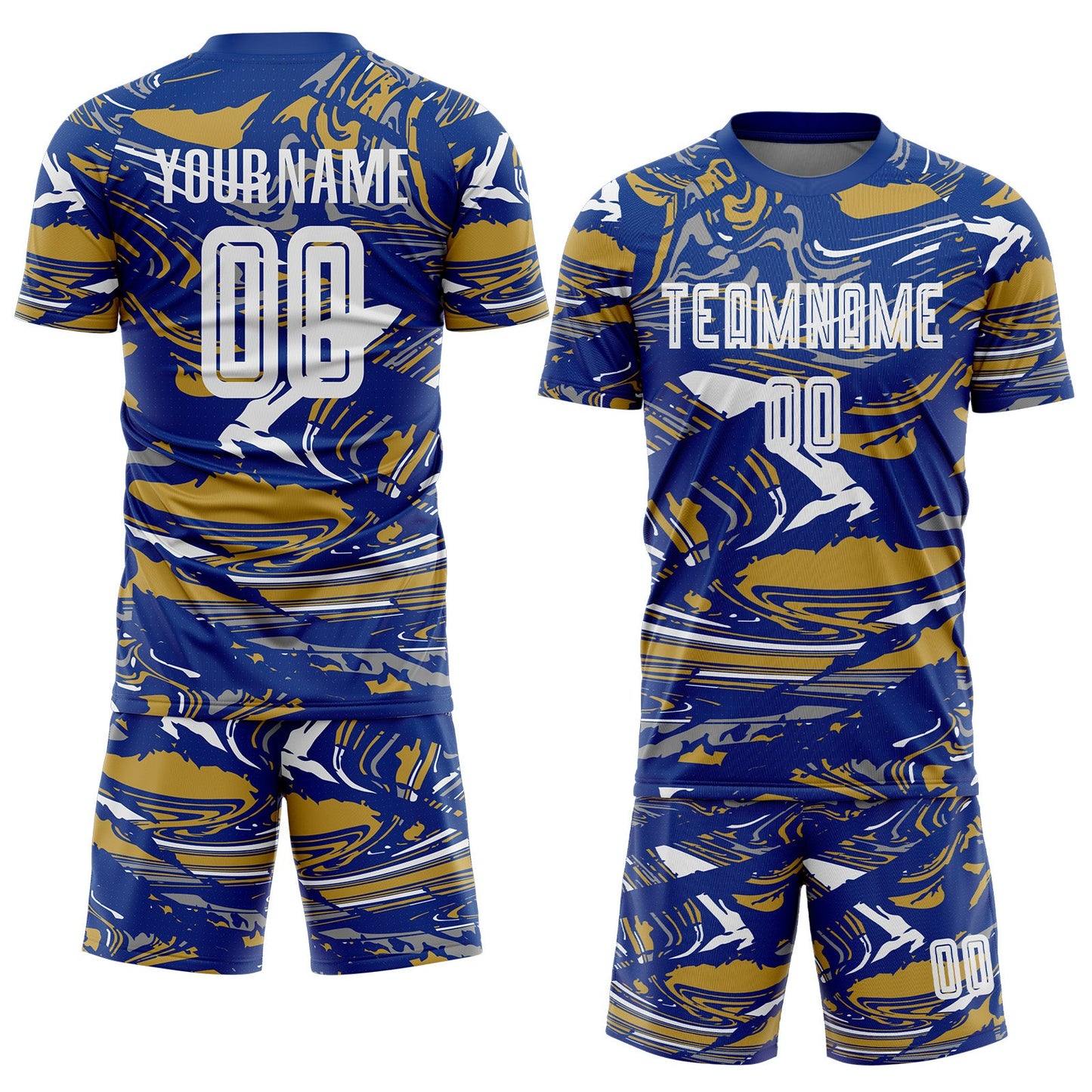 Custom Figure White Royal-Old Gold Fluid Art Splash Sublimation Soccer Uniform Jersey view 2
