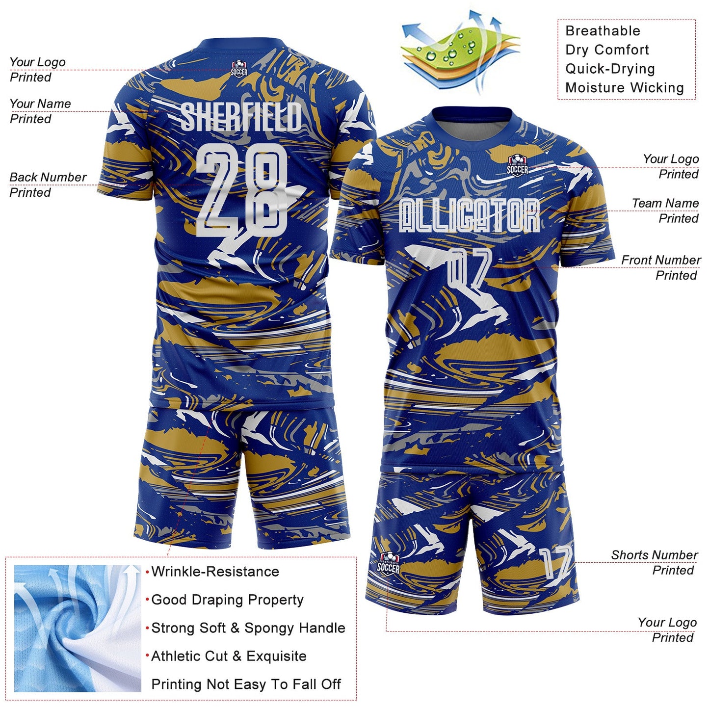 Custom Figure White Royal-Old Gold Fluid Art Splash Sublimation Soccer Uniform Jersey view 4