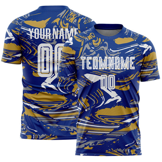 Custom Figure White Royal-Old Gold Fluid Art Splash Sublimation Soccer Uniform Jersey - Main View