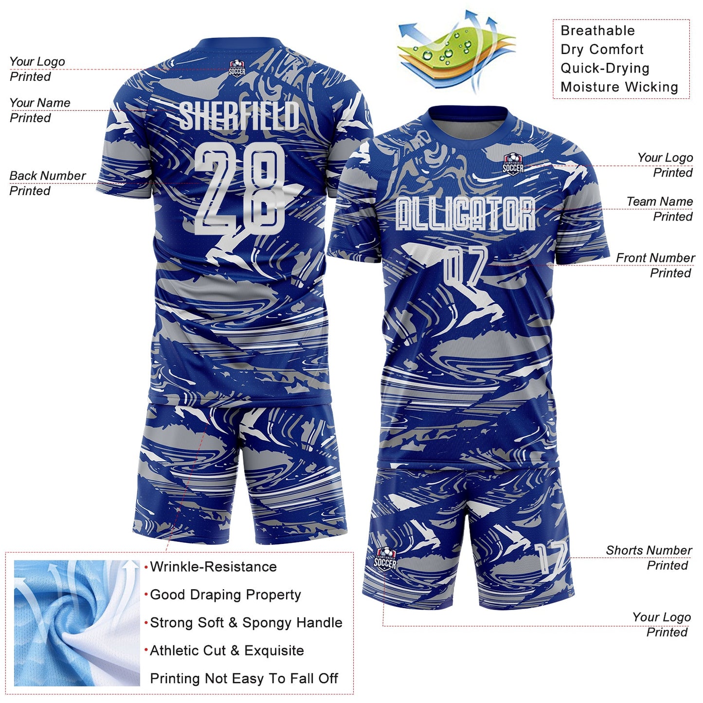 Custom Figure White Royal-Gray Fluid Art Splash Sublimation Soccer Uniform Jersey view 4
