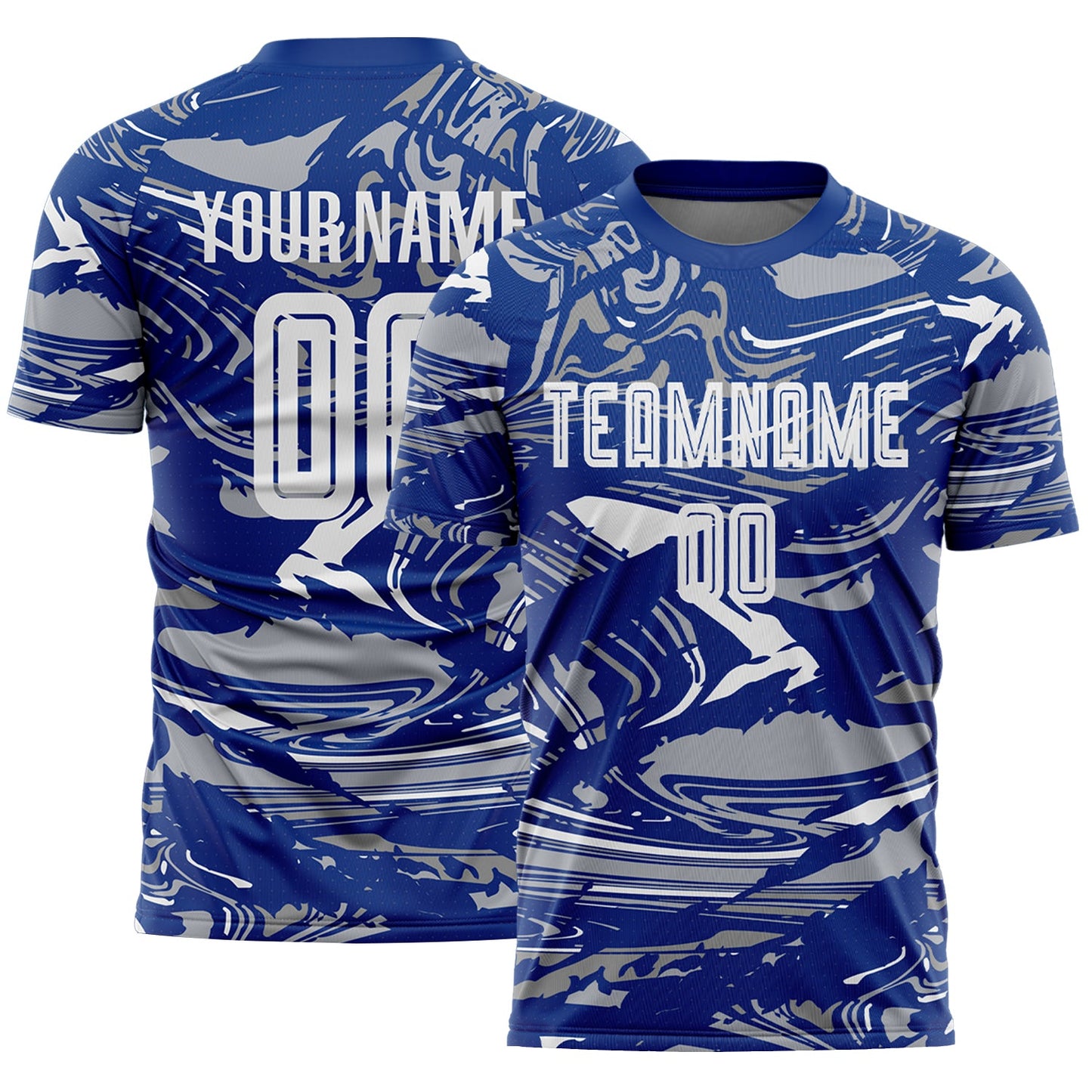 Custom Figure White Royal-Gray Fluid Art Splash Sublimation Soccer Uniform Jersey - Main View