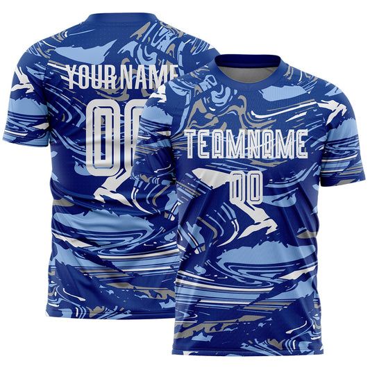 Custom Figure White Royal-Light Blue Fluid Art Splash Sublimation Soccer Uniform Jersey - Main View