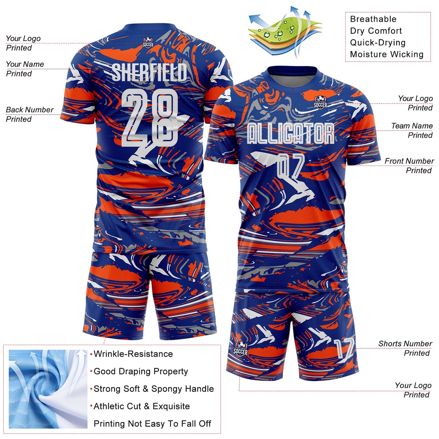 Custom Figure White Royal-Orange Fluid Art Splash Sublimation Soccer Uniform Jersey view 4