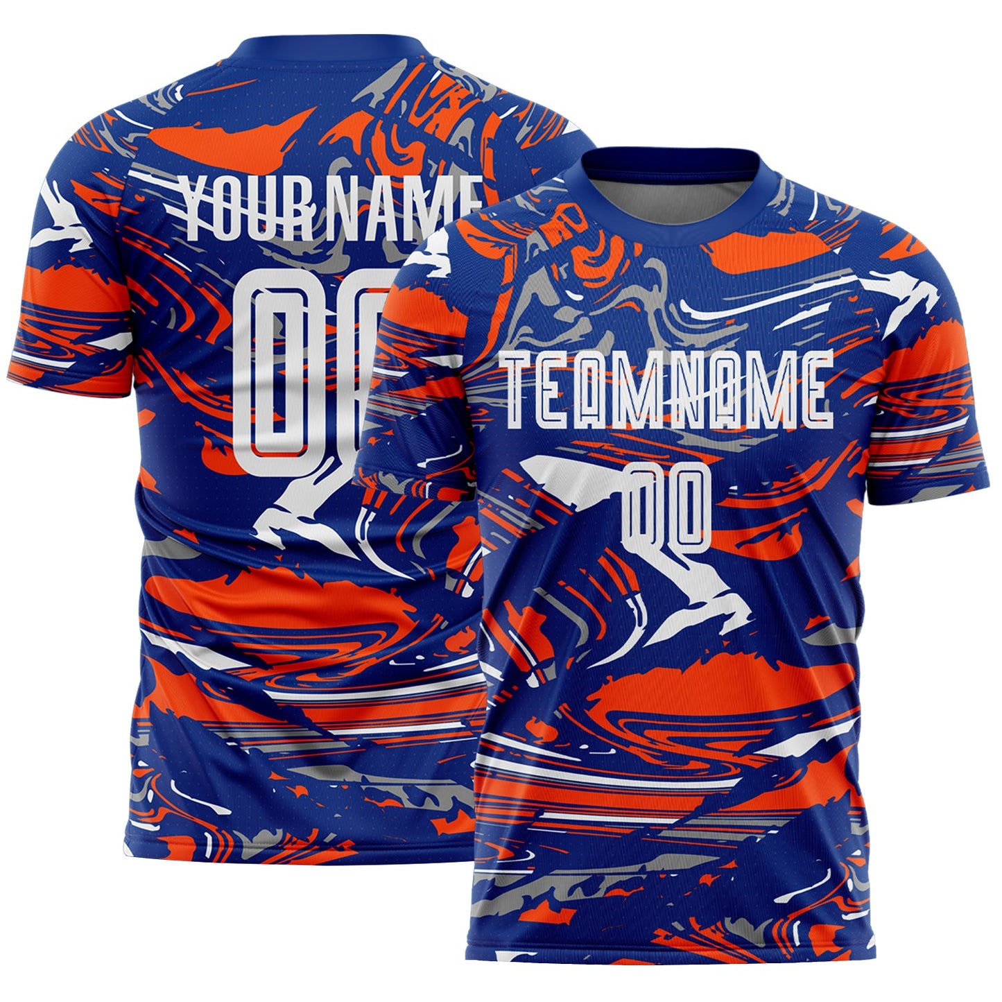 Custom Figure White Royal-Orange Fluid Art Splash Sublimation Soccer Uniform Jersey - Main View