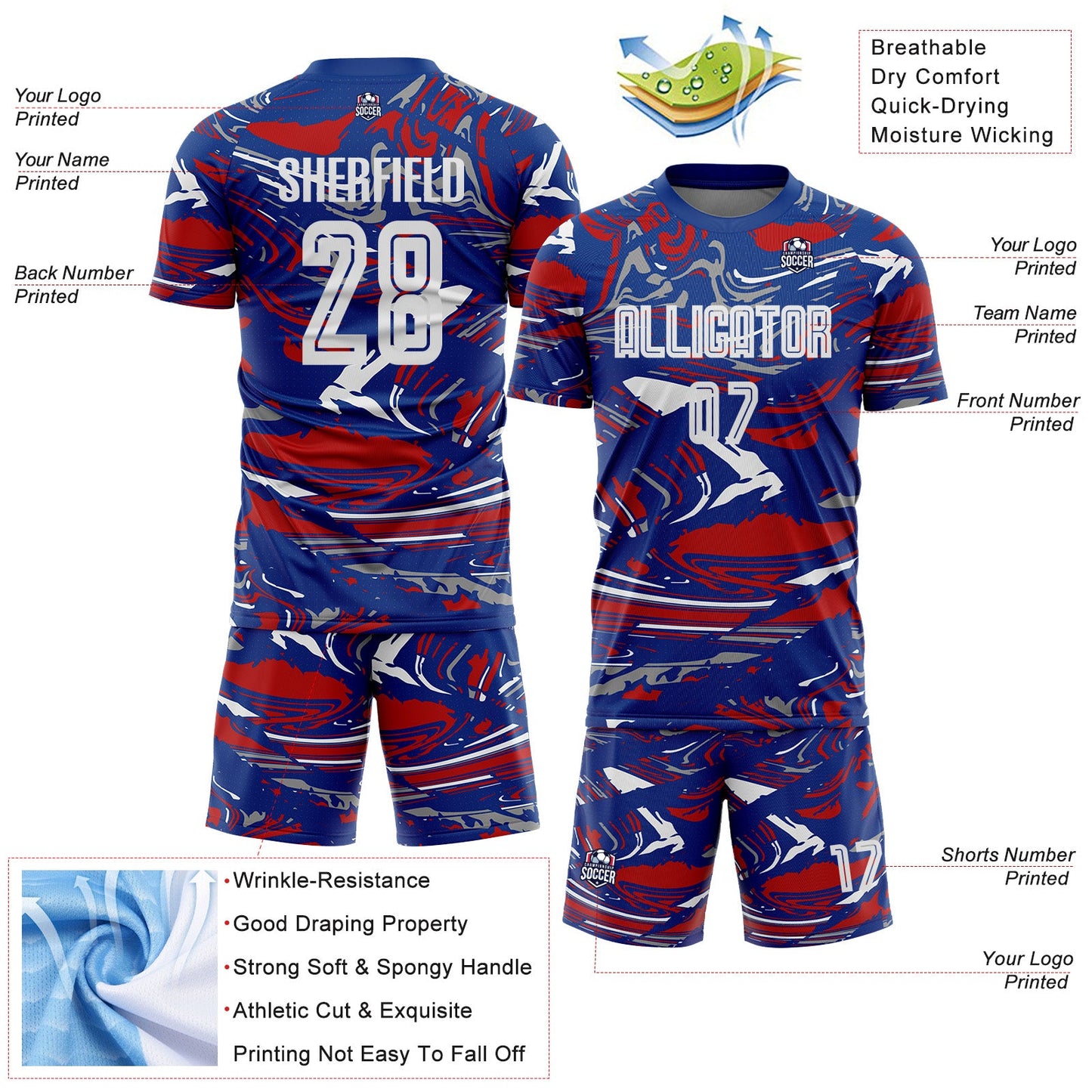 Custom Figure White Royal-Red Fluid Art Splash Sublimation Soccer Uniform Jersey view 4
