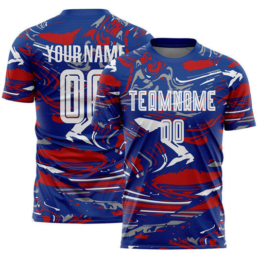 Custom Figure White Royal-Red Fluid Art Splash Sublimation Soccer Uniform Jersey - Main View