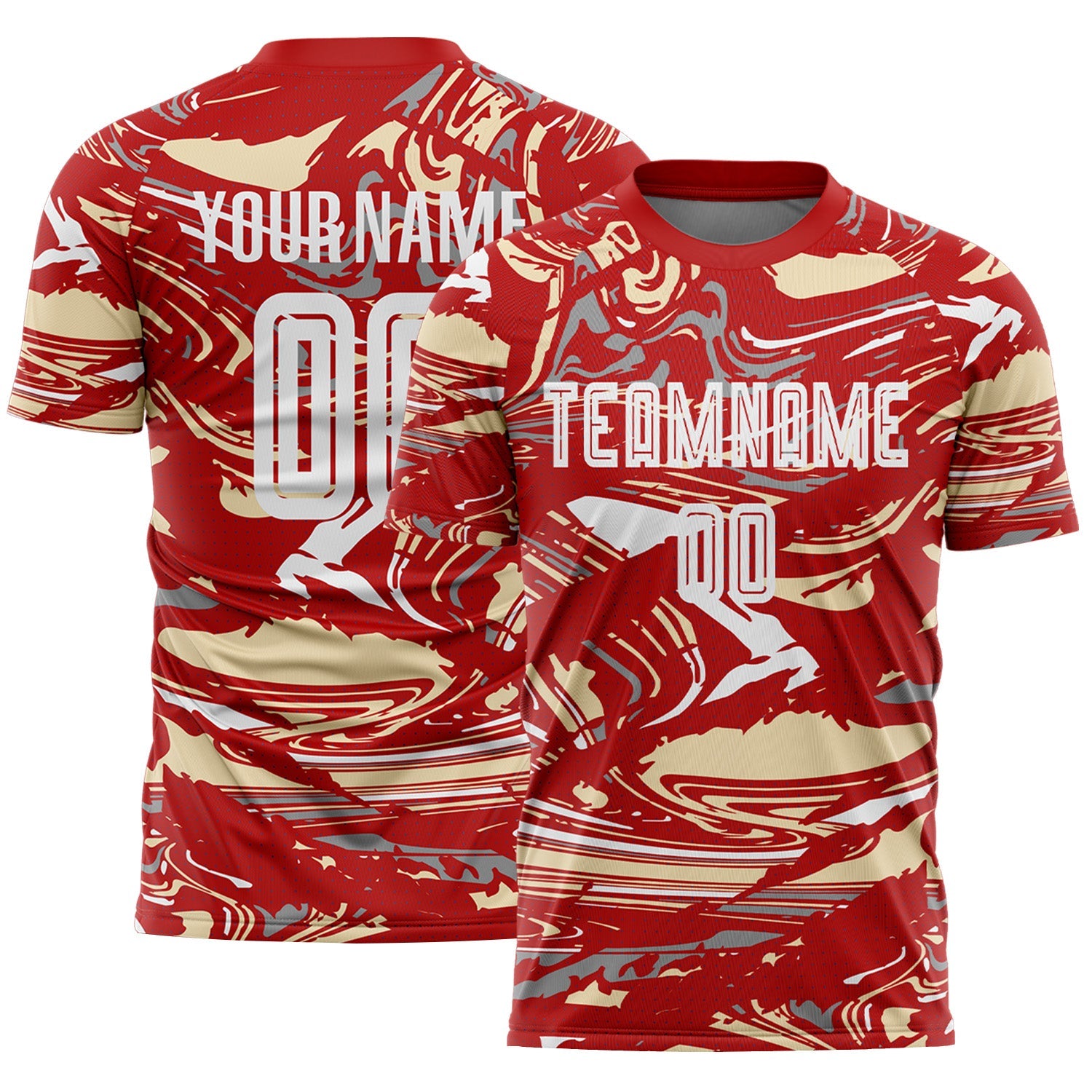 Custom Figure White Red-Cream Fluid Art Splash Sublimation Soccer Uniform Jersey - Main View