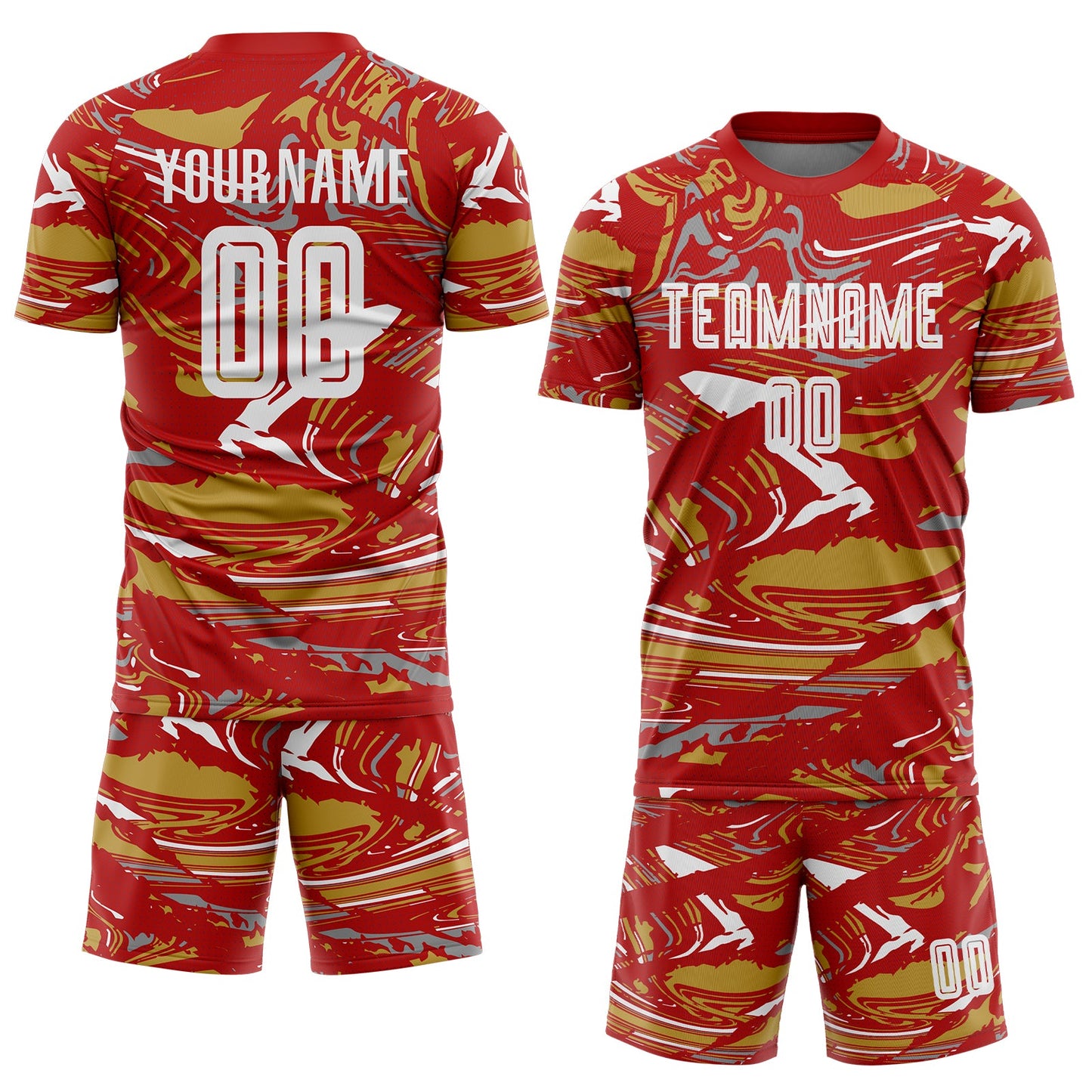 Custom Figure White Red-Old Gold Fluid Art Splash Sublimation Soccer Uniform Jersey view 2