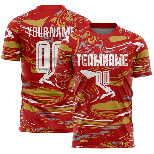 Custom Figure White Red-Old Gold Fluid Art Splash Sublimation Soccer Uniform Jersey - Main View