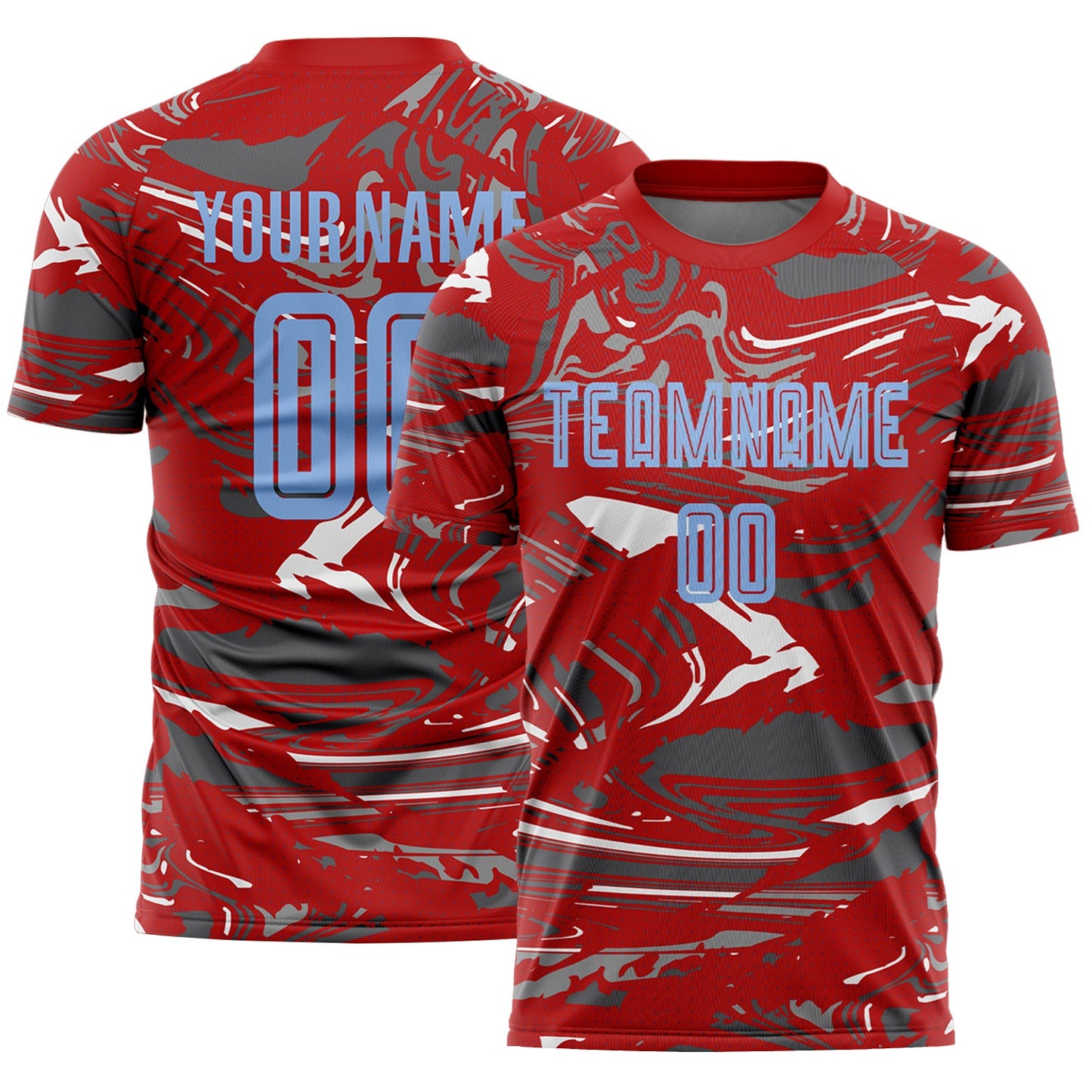 Custom Figure Light Blue Red-Steel Gray Fluid Art Splash Sublimation Soccer Uniform Jersey - Main View