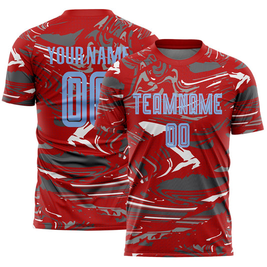 Custom Figure Light Blue Red-Steel Gray Fluid Art Splash Sublimation Soccer Uniform Jersey - Main View