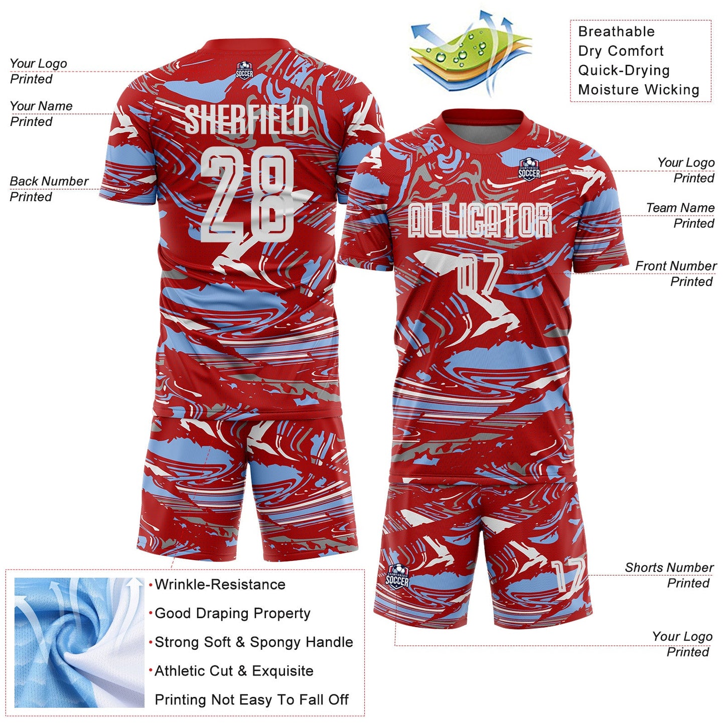 Custom Figure White Red-Light Blue Fluid Art Splash Sublimation Soccer Uniform Jersey view 4
