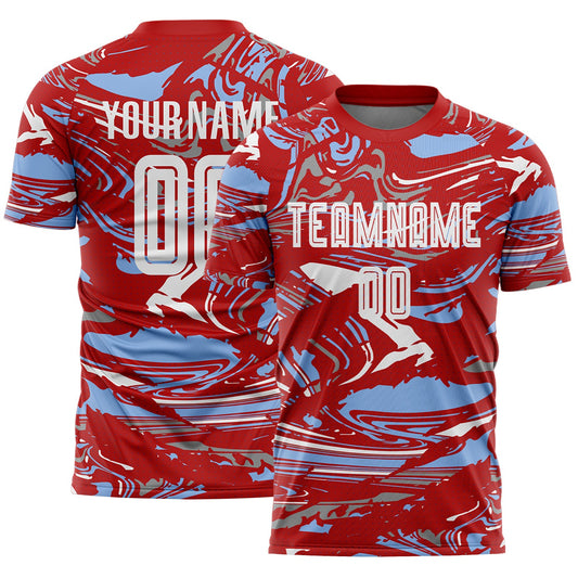 Custom Figure White Red-Light Blue Fluid Art Splash Sublimation Soccer Uniform Jersey - Main View