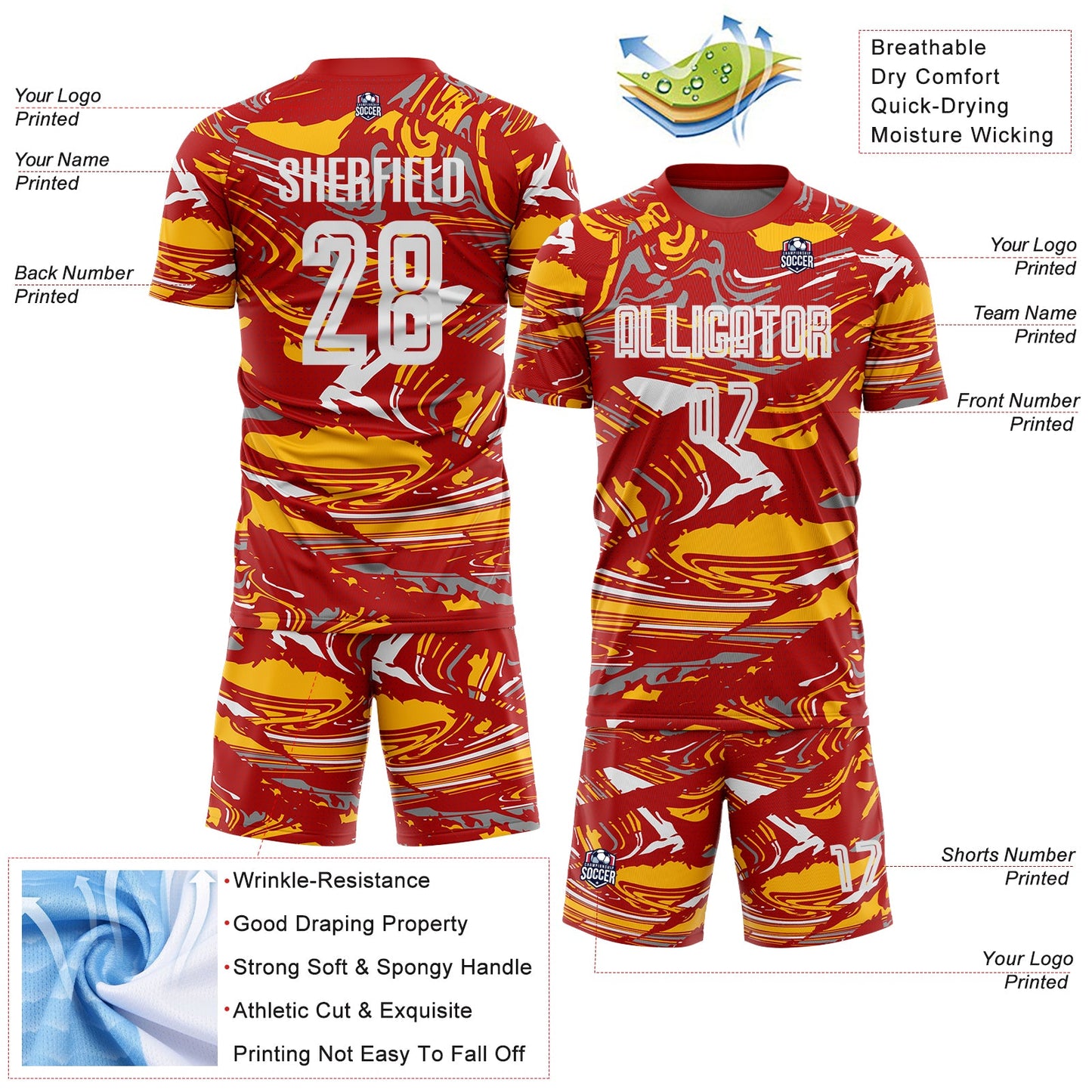 Custom Figure Light Blue Red-Gold Fluid Art Splash Sublimation Soccer Uniform Jersey view 4