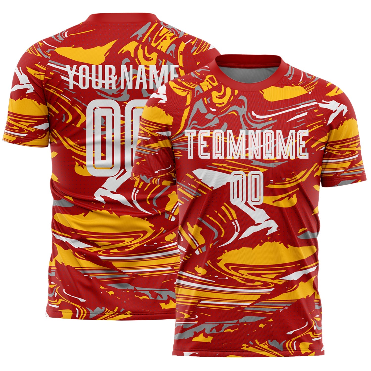 Custom Figure Light Blue Red-Gold Fluid Art Splash Sublimation Soccer Uniform Jersey - Main View