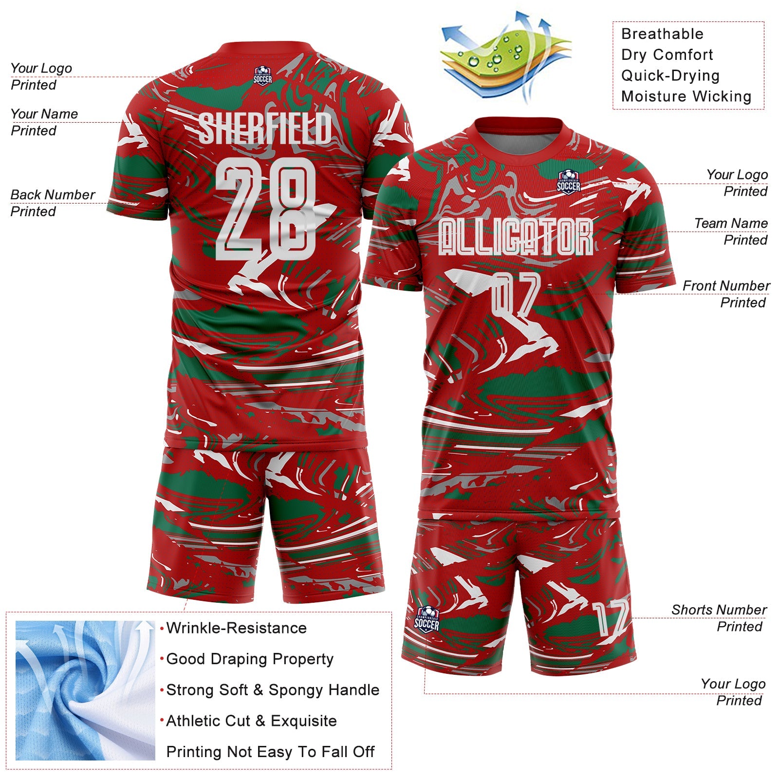 Custom Figure Light Blue Red-Kelly Green Fluid Art Splash Sublimation Soccer Uniform Jersey view 4