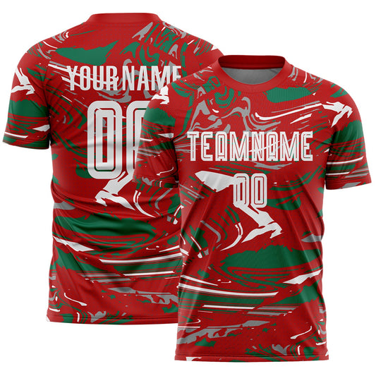 Custom Figure Light Blue Red-Kelly Green Fluid Art Splash Sublimation Soccer Uniform Jersey - Main View
